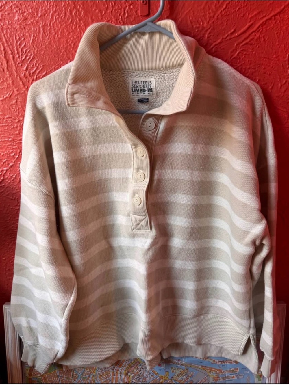 American Eagle Outfitters Striped Henley Pullover - Cream & Tan